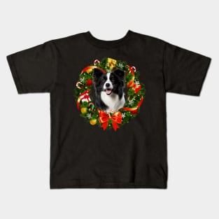 Funny Border Collie Christmas Wreath Ornament Kids T-Shirt